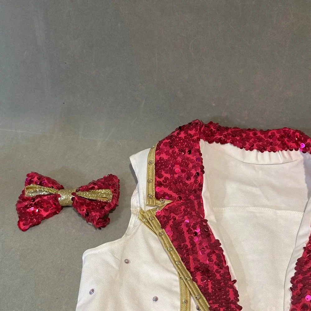 Weissman‎ Girls Dance Vest Pink Sequin Gold Trim Rhinestone LC Large Child Bow